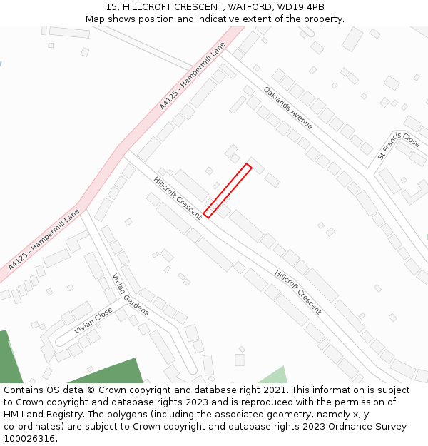 15, HILLCROFT CRESCENT, WATFORD, WD19 4PB: Location map and indicative extent of plot