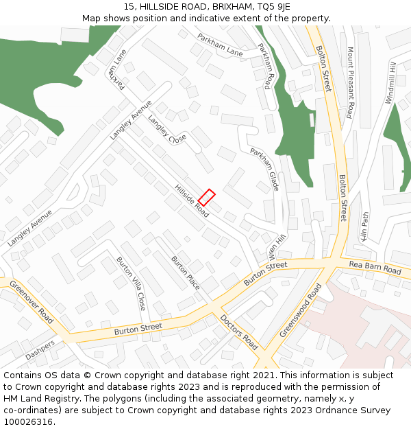 15, HILLSIDE ROAD, BRIXHAM, TQ5 9JE: Location map and indicative extent of plot