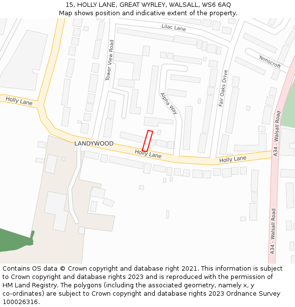 15, HOLLY LANE, GREAT WYRLEY, WALSALL, WS6 6AQ: Location map and indicative extent of plot