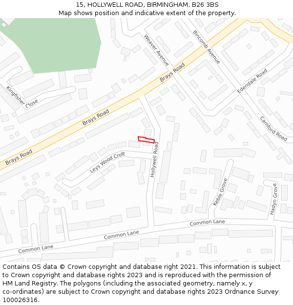 15, HOLLYWELL ROAD, BIRMINGHAM, B26 3BS: Location map and indicative extent of plot