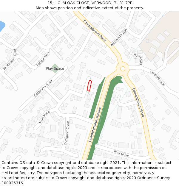 15, HOLM OAK CLOSE, VERWOOD, BH31 7PP: Location map and indicative extent of plot