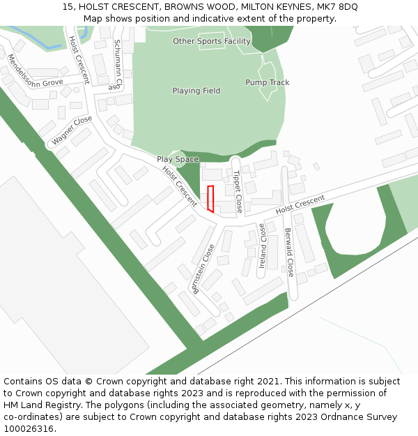 15, HOLST CRESCENT, BROWNS WOOD, MILTON KEYNES, MK7 8DQ: Location map and indicative extent of plot