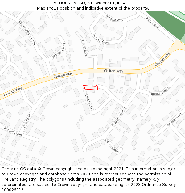 15, HOLST MEAD, STOWMARKET, IP14 1TD: Location map and indicative extent of plot