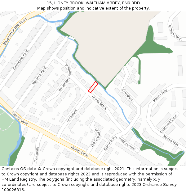 15, HONEY BROOK, WALTHAM ABBEY, EN9 3DD: Location map and indicative extent of plot