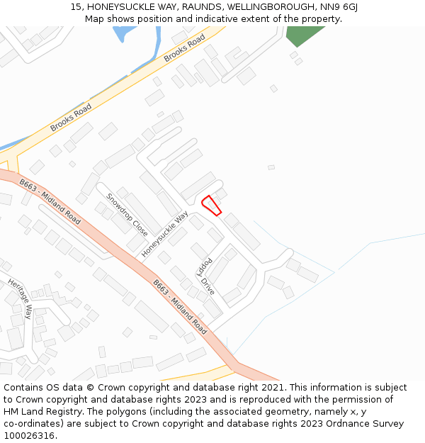 15, HONEYSUCKLE WAY, RAUNDS, WELLINGBOROUGH, NN9 6GJ: Location map and indicative extent of plot