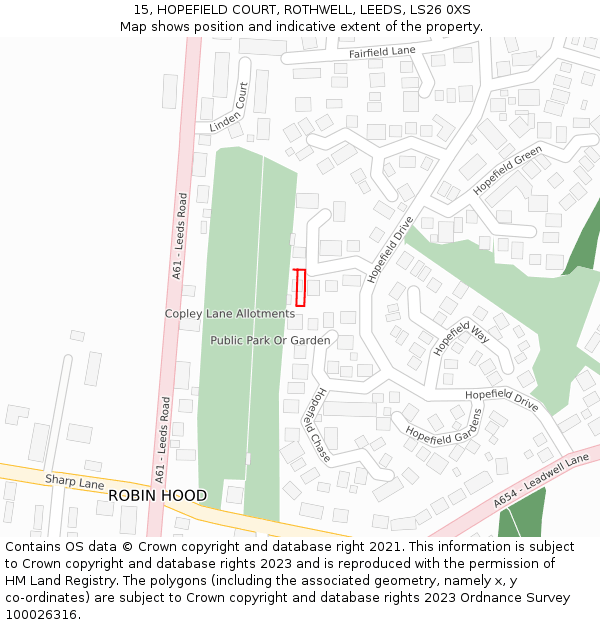 15, HOPEFIELD COURT, ROTHWELL, LEEDS, LS26 0XS: Location map and indicative extent of plot