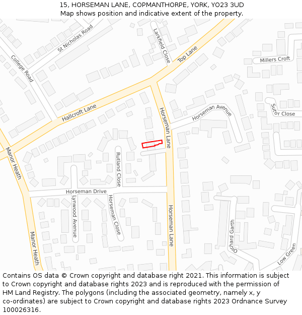 15, HORSEMAN LANE, COPMANTHORPE, YORK, YO23 3UD: Location map and indicative extent of plot