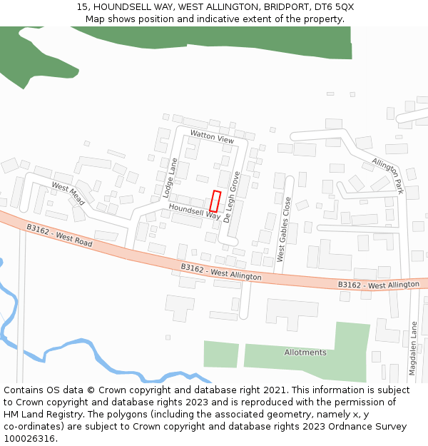 15, HOUNDSELL WAY, WEST ALLINGTON, BRIDPORT, DT6 5QX: Location map and indicative extent of plot