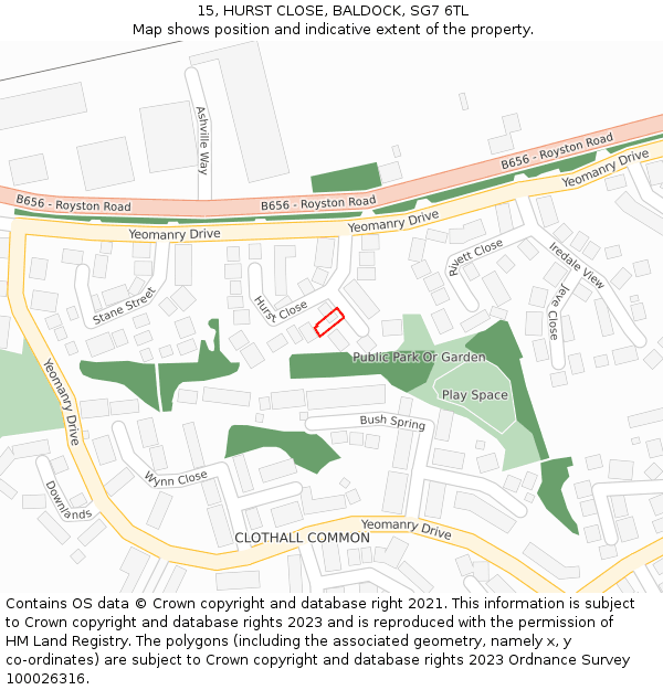 15, HURST CLOSE, BALDOCK, SG7 6TL: Location map and indicative extent of plot