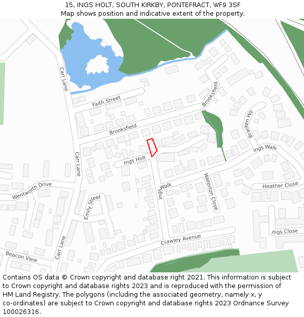 15, INGS HOLT, SOUTH KIRKBY, PONTEFRACT, WF9 3SF: Location map and indicative extent of plot