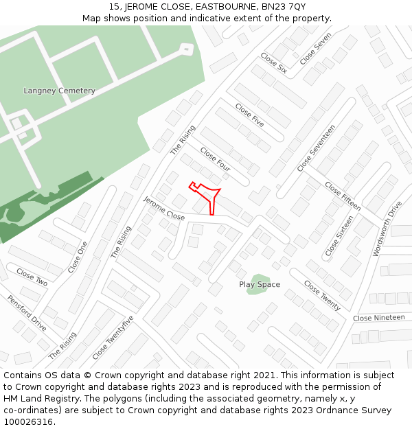 15, JEROME CLOSE, EASTBOURNE, BN23 7QY: Location map and indicative extent of plot