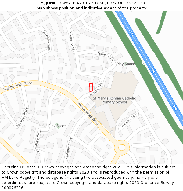 15, JUNIPER WAY, BRADLEY STOKE, BRISTOL, BS32 0BR: Location map and indicative extent of plot