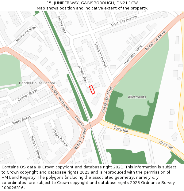 15, JUNIPER WAY, GAINSBOROUGH, DN21 1GW: Location map and indicative extent of plot