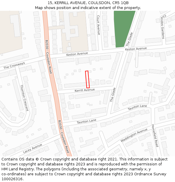 15, KERRILL AVENUE, COULSDON, CR5 1QB: Location map and indicative extent of plot