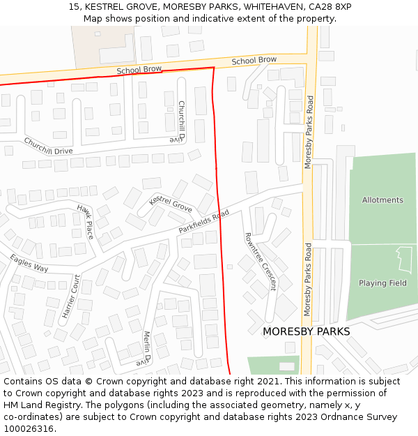 15, KESTREL GROVE, MORESBY PARKS, WHITEHAVEN, CA28 8XP: Location map and indicative extent of plot
