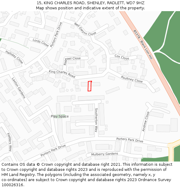 15, KING CHARLES ROAD, SHENLEY, RADLETT, WD7 9HZ: Location map and indicative extent of plot