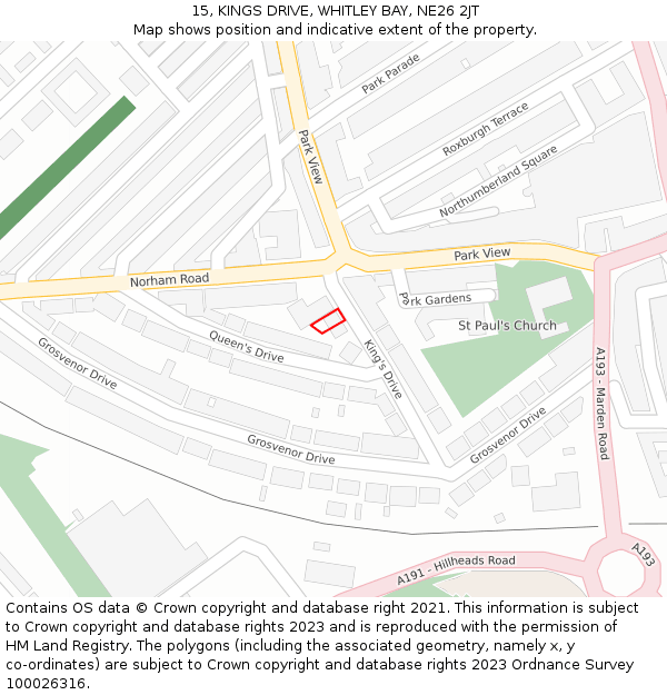 15, KINGS DRIVE, WHITLEY BAY, NE26 2JT: Location map and indicative extent of plot