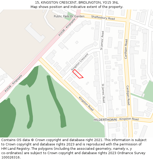 15, KINGSTON CRESCENT, BRIDLINGTON, YO15 3NL: Location map and indicative extent of plot