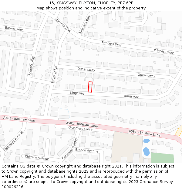 15, KINGSWAY, EUXTON, CHORLEY, PR7 6PR: Location map and indicative extent of plot