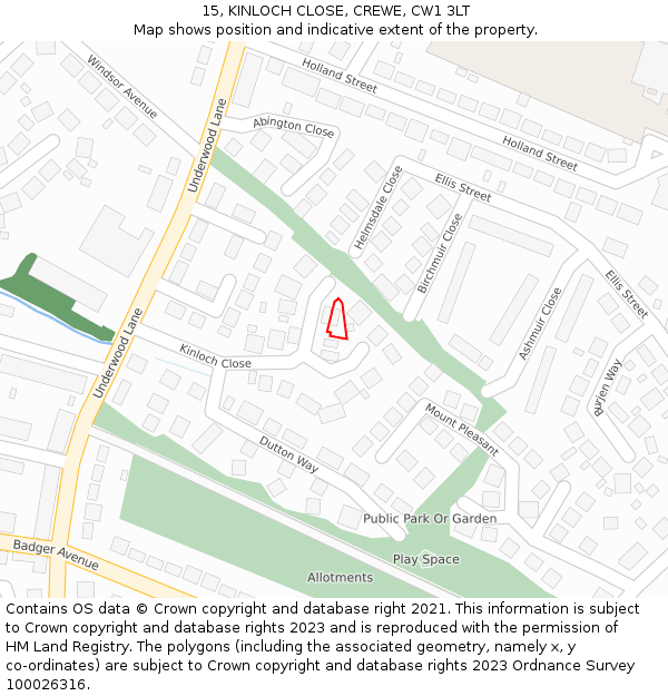 15, KINLOCH CLOSE, CREWE, CW1 3LT: Location map and indicative extent of plot