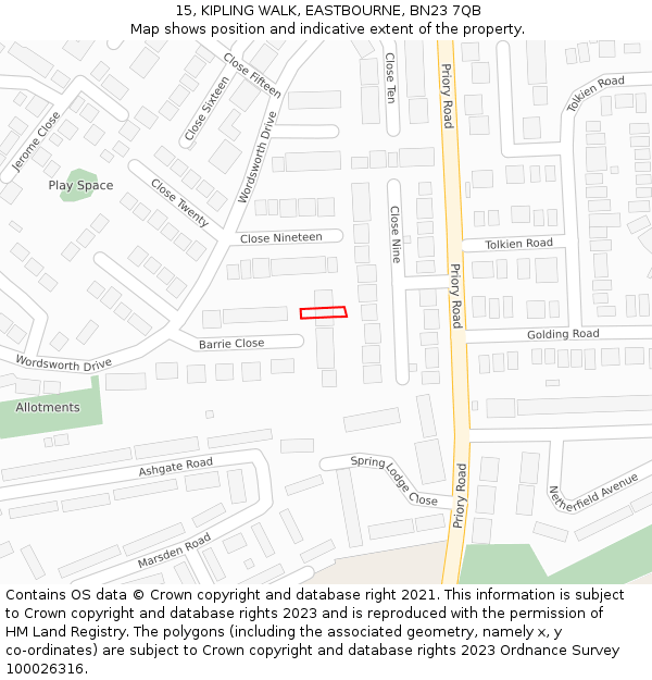 15, KIPLING WALK, EASTBOURNE, BN23 7QB: Location map and indicative extent of plot