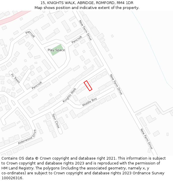 15, KNIGHTS WALK, ABRIDGE, ROMFORD, RM4 1DR: Location map and indicative extent of plot