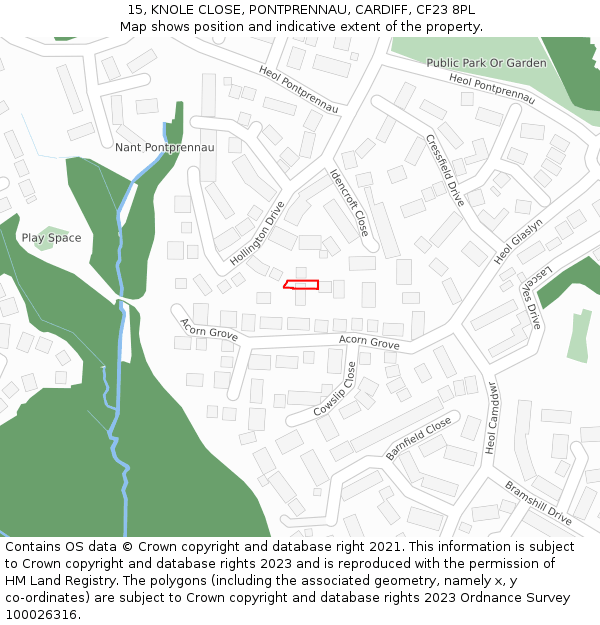 15, KNOLE CLOSE, PONTPRENNAU, CARDIFF, CF23 8PL: Location map and indicative extent of plot