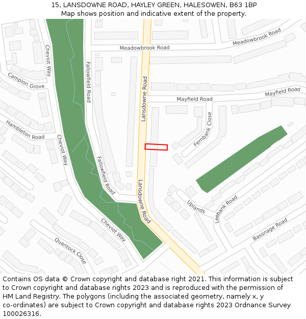 15, LANSDOWNE ROAD, HAYLEY GREEN, HALESOWEN, B63 1BP: Location map and indicative extent of plot