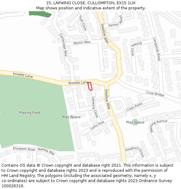 15, LAPWING CLOSE, CULLOMPTON, EX15 1UX: Location map and indicative extent of plot