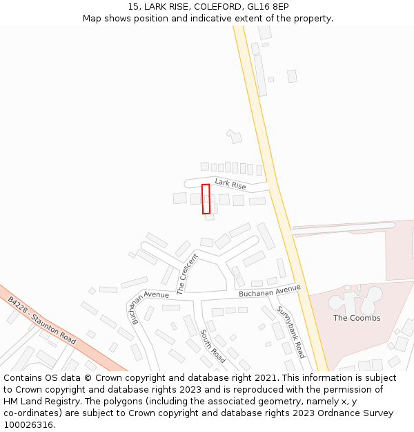 15, LARK RISE, COLEFORD, GL16 8EP: Location map and indicative extent of plot