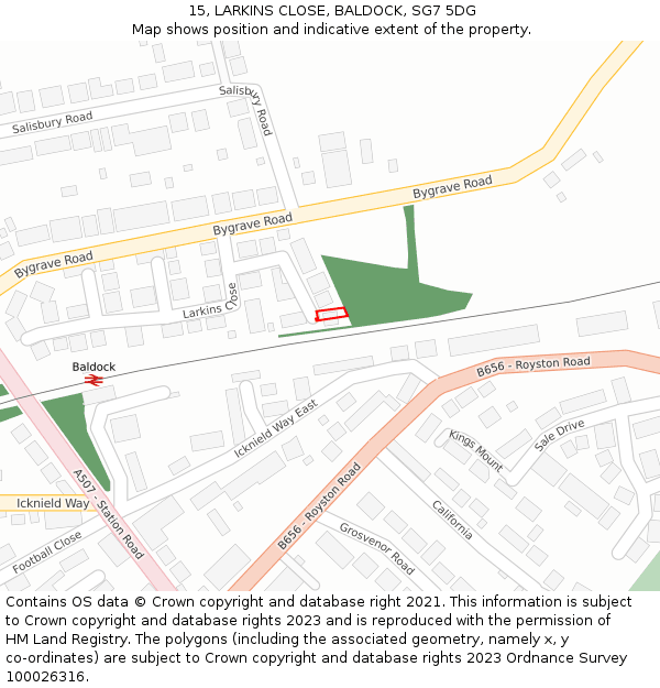 15, LARKINS CLOSE, BALDOCK, SG7 5DG: Location map and indicative extent of plot