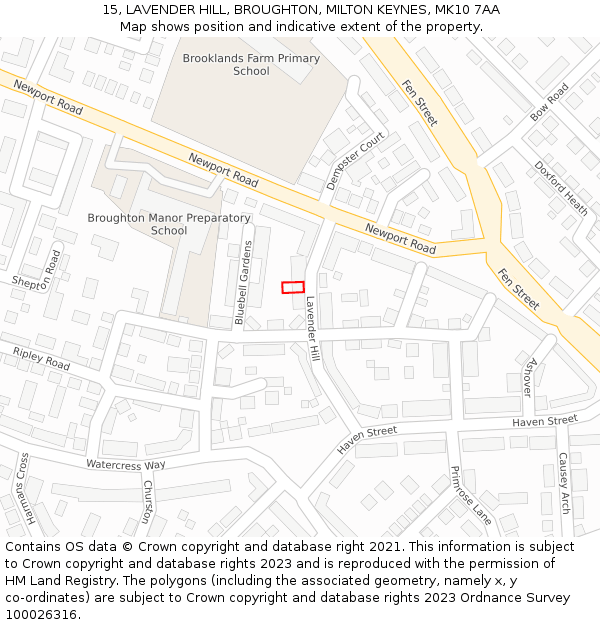 15, LAVENDER HILL, BROUGHTON, MILTON KEYNES, MK10 7AA: Location map and indicative extent of plot