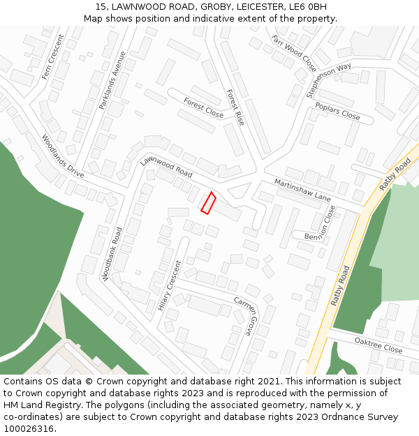 15, LAWNWOOD ROAD, GROBY, LEICESTER, LE6 0BH: Location map and indicative extent of plot