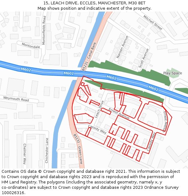 15, LEACH DRIVE, ECCLES, MANCHESTER, M30 8ET: Location map and indicative extent of plot