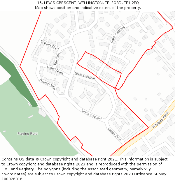 15, LEWIS CRESCENT, WELLINGTON, TELFORD, TF1 2FQ: Location map and indicative extent of plot