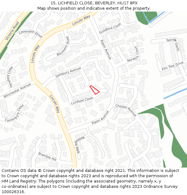 15, LICHFIELD CLOSE, BEVERLEY, HU17 8PX: Location map and indicative extent of plot