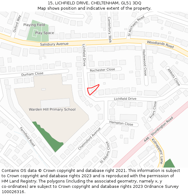 15, LICHFIELD DRIVE, CHELTENHAM, GL51 3DQ: Location map and indicative extent of plot