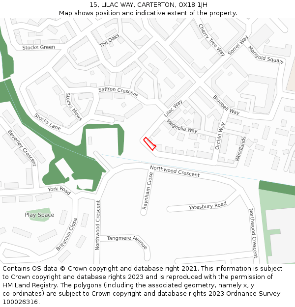 15, LILAC WAY, CARTERTON, OX18 1JH: Location map and indicative extent of plot