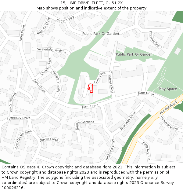 15, LIME DRIVE, FLEET, GU51 2XJ: Location map and indicative extent of plot