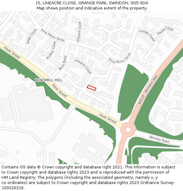 15, LINEACRE CLOSE, GRANGE PARK, SWINDON, SN5 6DA: Location map and indicative extent of plot