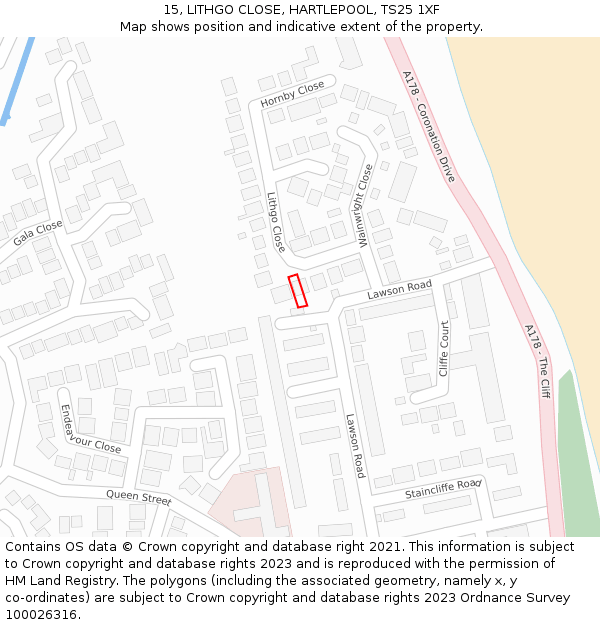 15, LITHGO CLOSE, HARTLEPOOL, TS25 1XF: Location map and indicative extent of plot