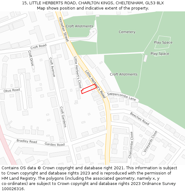15, LITTLE HERBERTS ROAD, CHARLTON KINGS, CHELTENHAM, GL53 8LX: Location map and indicative extent of plot