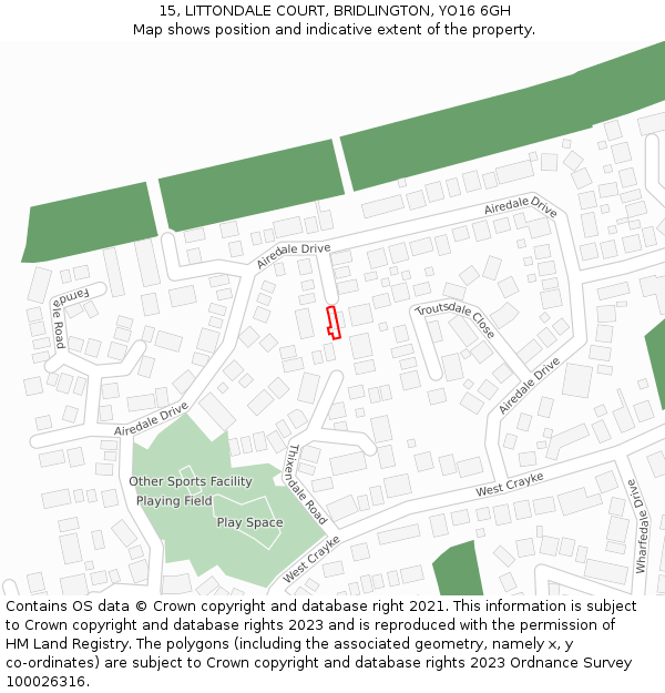 15, LITTONDALE COURT, BRIDLINGTON, YO16 6GH: Location map and indicative extent of plot