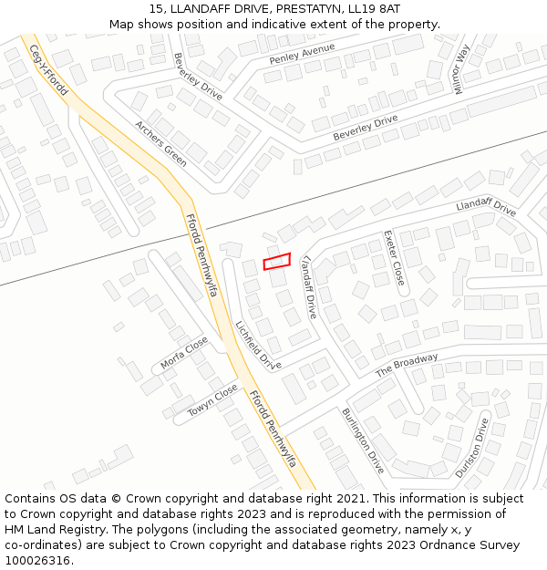 15, LLANDAFF DRIVE, PRESTATYN, LL19 8AT: Location map and indicative extent of plot