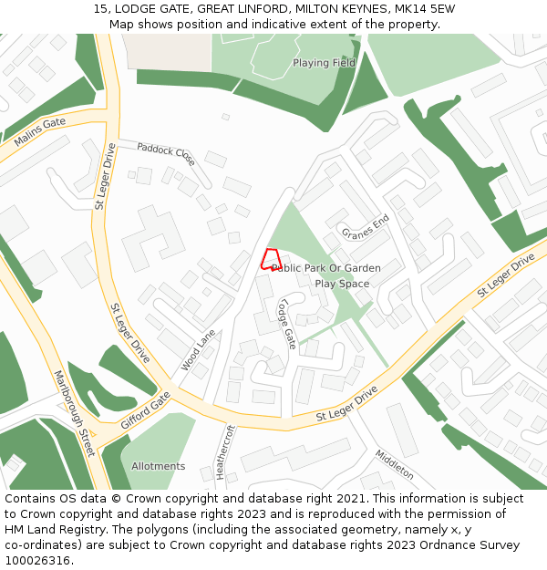 15, LODGE GATE, GREAT LINFORD, MILTON KEYNES, MK14 5EW: Location map and indicative extent of plot