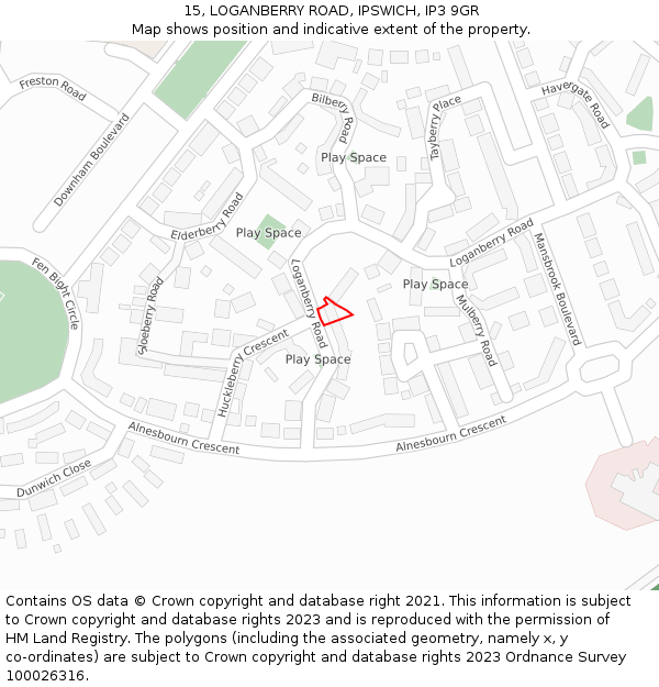 15, LOGANBERRY ROAD, IPSWICH, IP3 9GR: Location map and indicative extent of plot