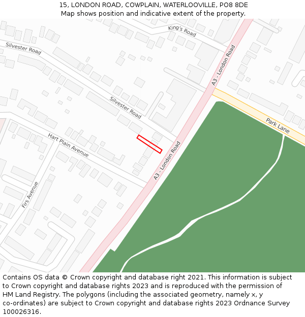 15, LONDON ROAD, COWPLAIN, WATERLOOVILLE, PO8 8DE: Location map and indicative extent of plot