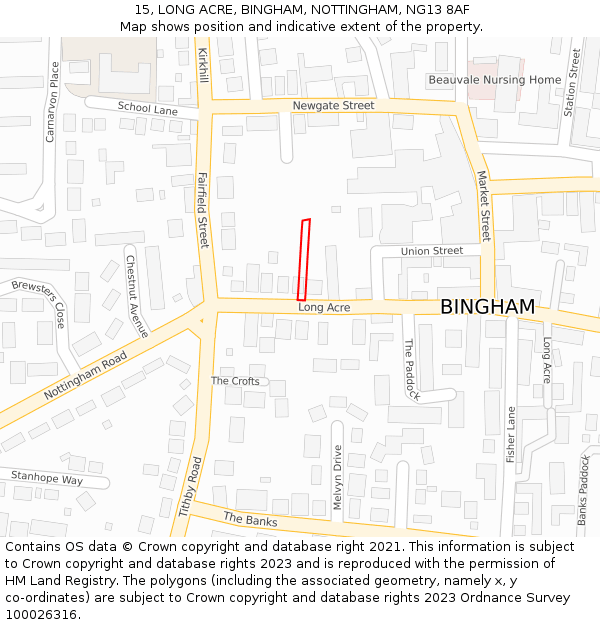 15, LONG ACRE, BINGHAM, NOTTINGHAM, NG13 8AF: Location map and indicative extent of plot
