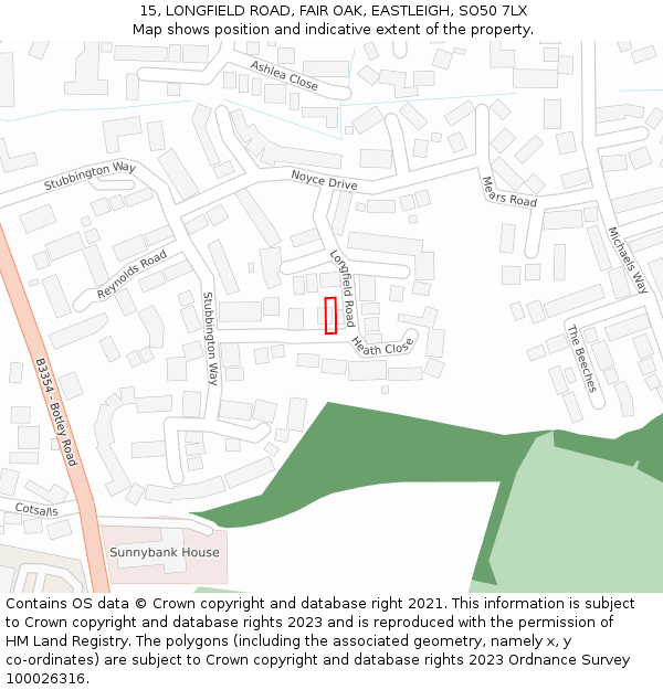 15, LONGFIELD ROAD, FAIR OAK, EASTLEIGH, SO50 7LX: Location map and indicative extent of plot