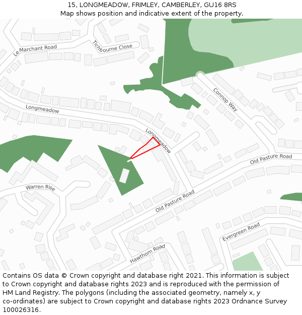 15, LONGMEADOW, FRIMLEY, CAMBERLEY, GU16 8RS: Location map and indicative extent of plot